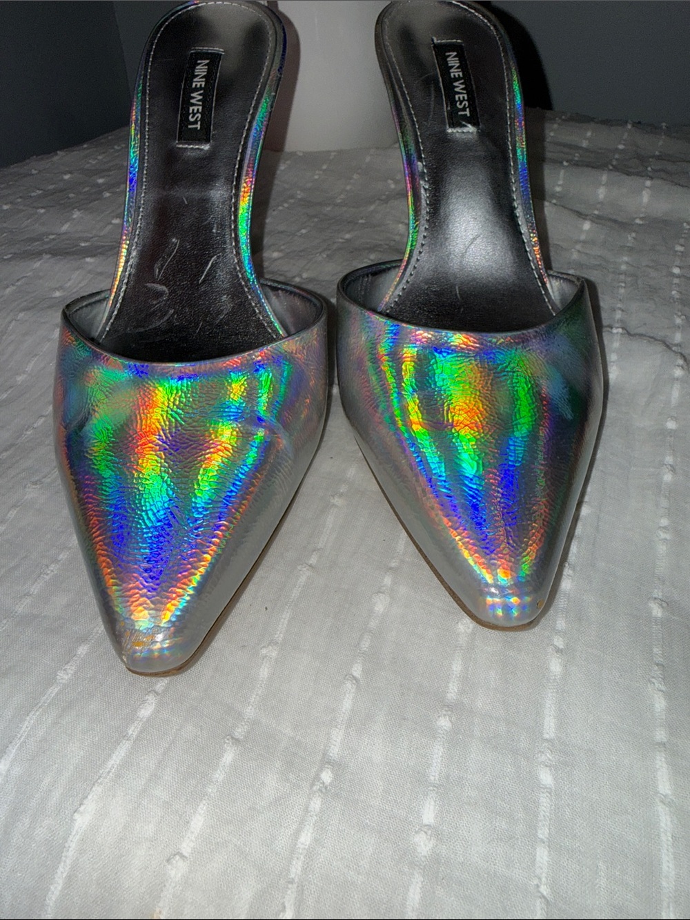 Nine West Holographic Silver Pointed-Toe Ankle-Strap Heels - Picture 3 of 11